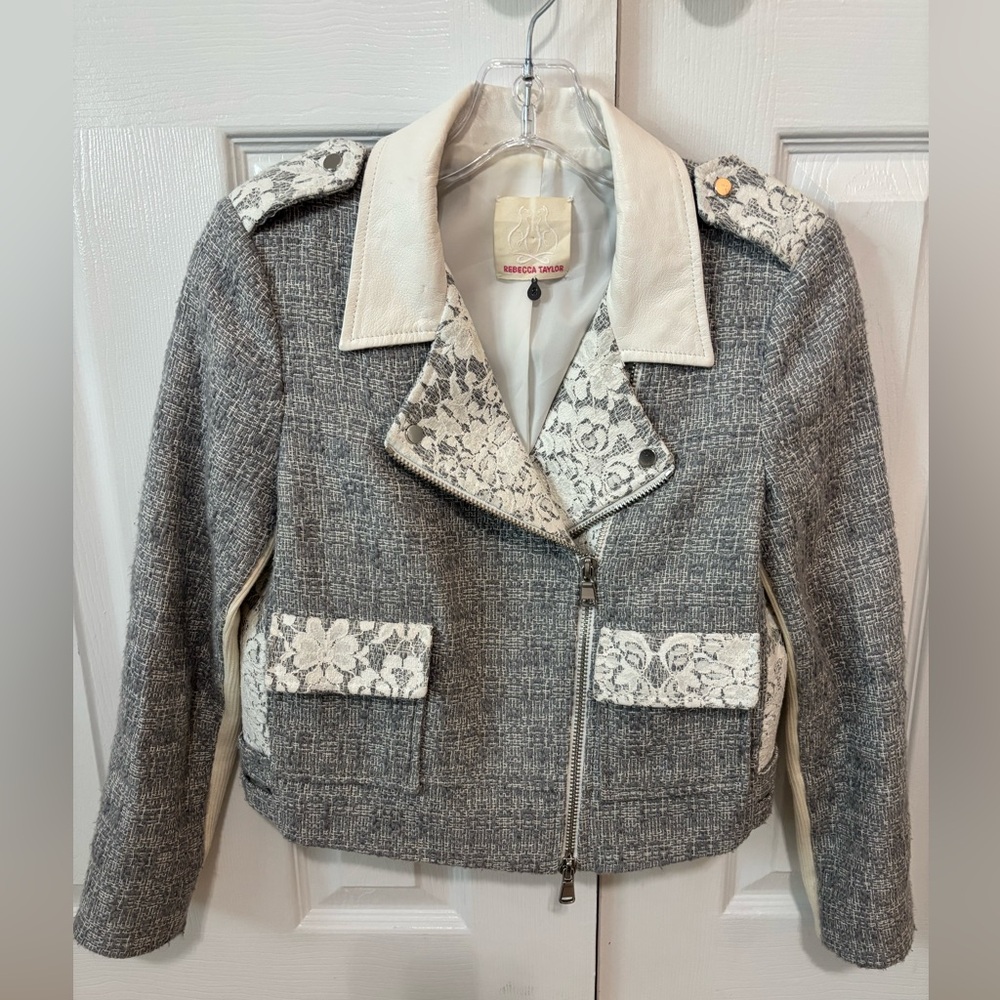 Rebecca Taylor Gray Tweed and Cream Lace Trim Moto Jacket